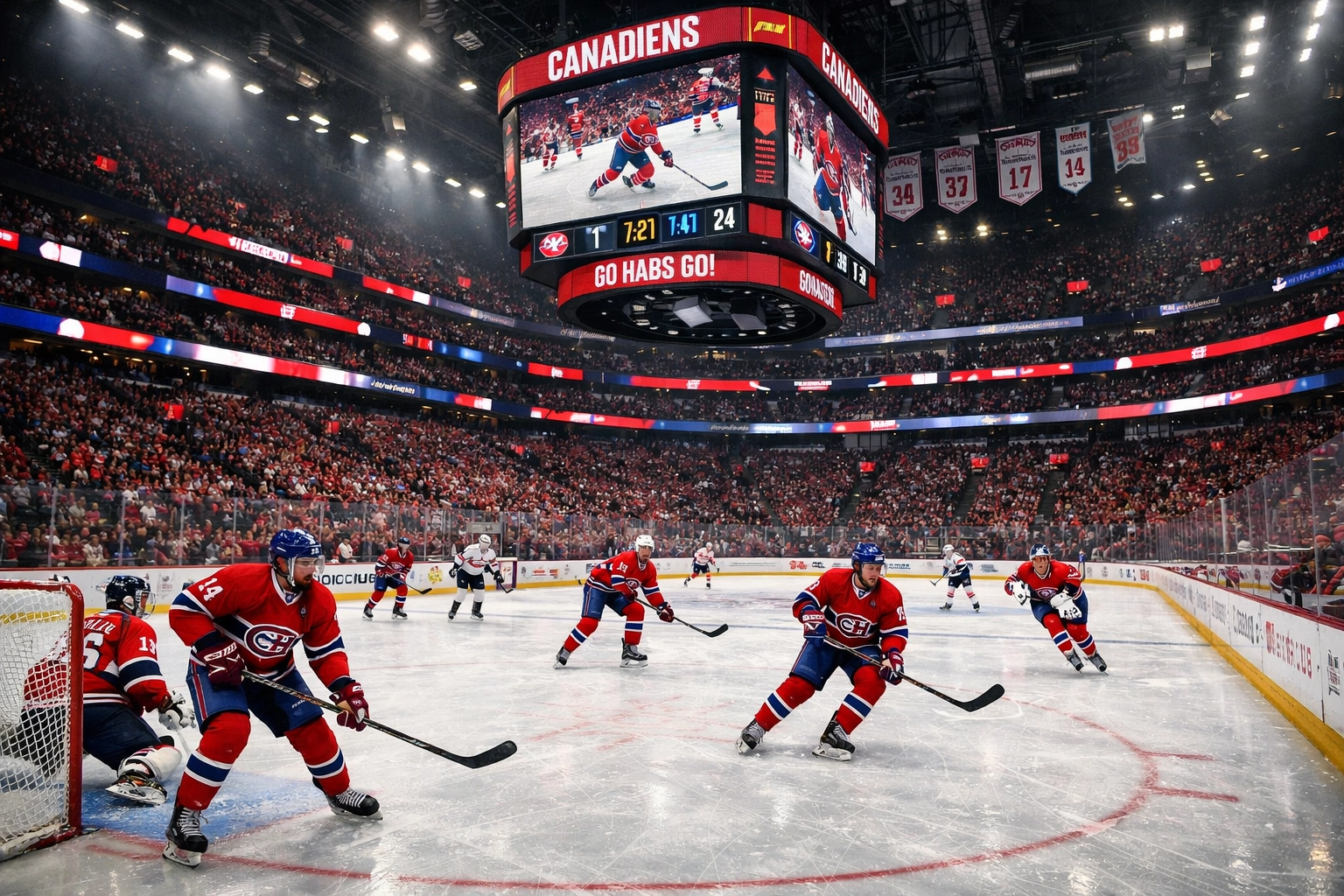 Montreal Canadiens hockey players on ice at the Bell Centre during a live NHL game.