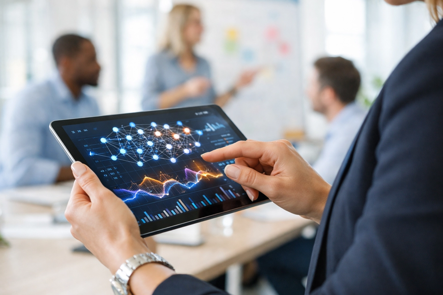 Executive using AI-driven data visualizations on a tablet to guide team strategy.