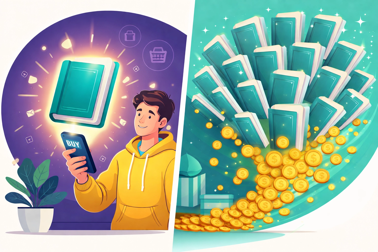 Single eBook transforming into multiple resale copies showing digital business profits with Ezy Learning