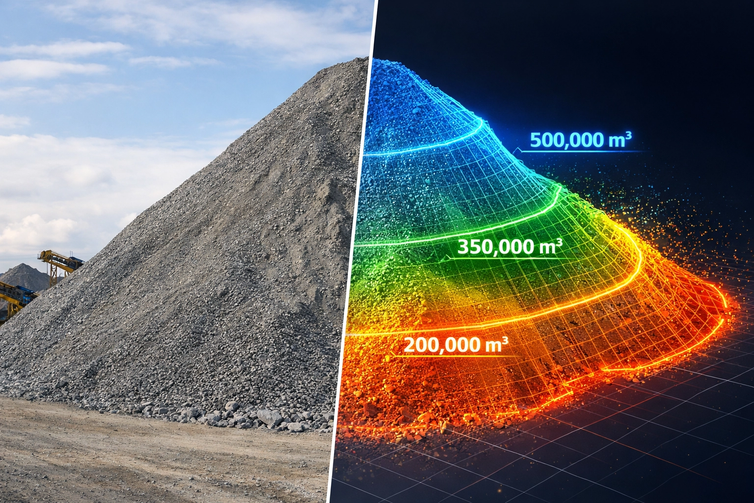 Split view of a gravel stockpile comparing real-world site conditions with digital point cloud volume data