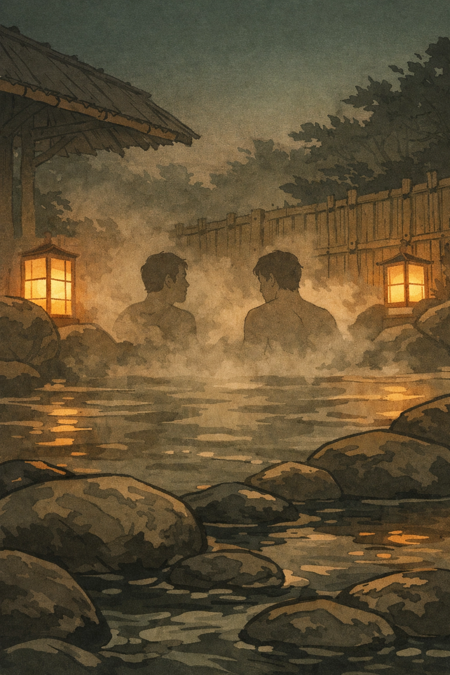 Traditional Japanese onsen hot spring at dusk with two men relaxing in steamy mineral waters