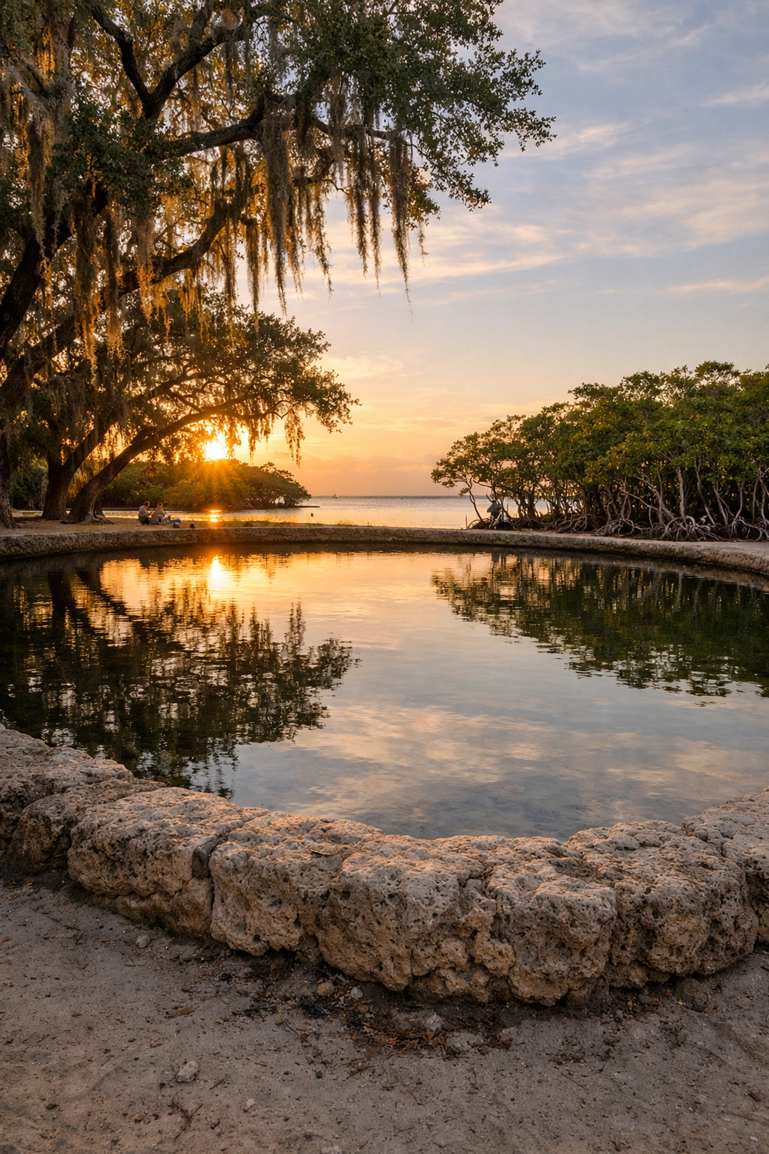Golden hour reflections at Matheson Hammock Park atoll pool, a top Miami photography location.