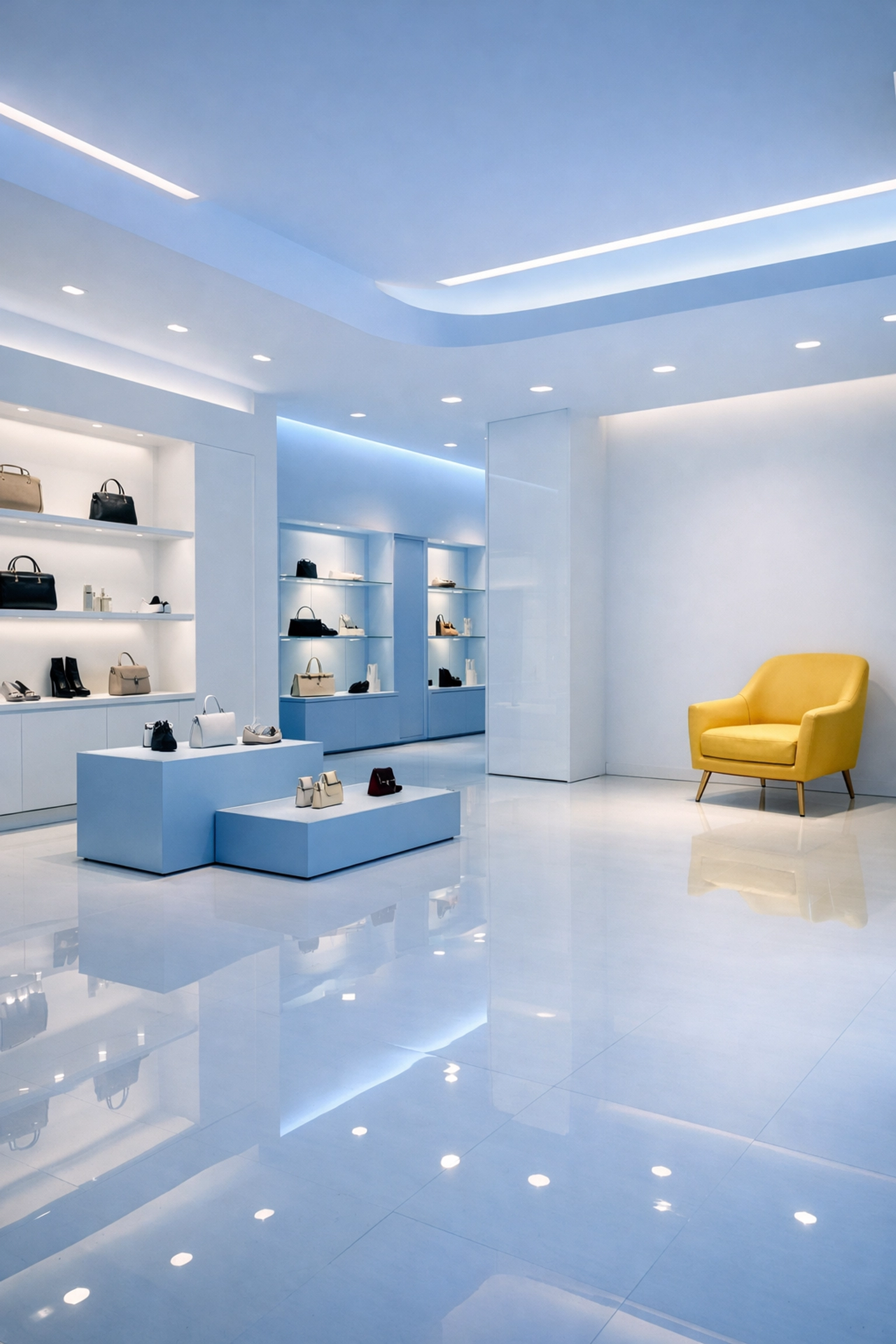 Impeccably clean modern retail boutique with polished floors maintained by The Cleaning Ninjas.