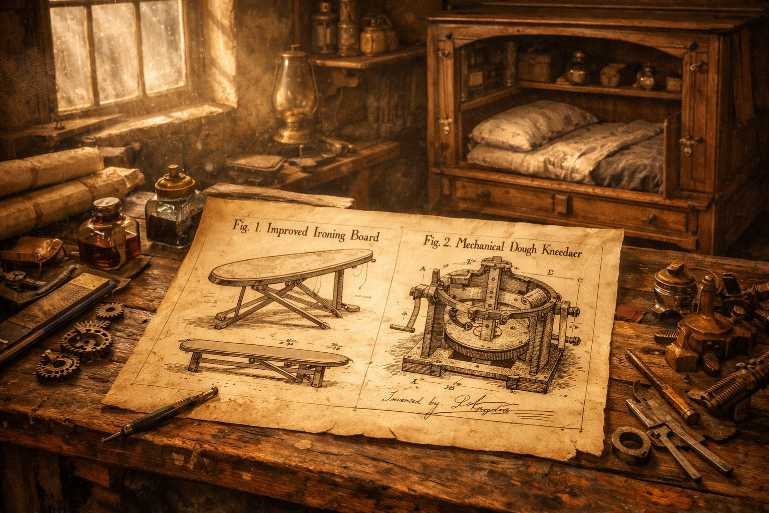 Vintage patent illustrations of an ironing board and dough kneader in a 19th-century inventor's workshop.