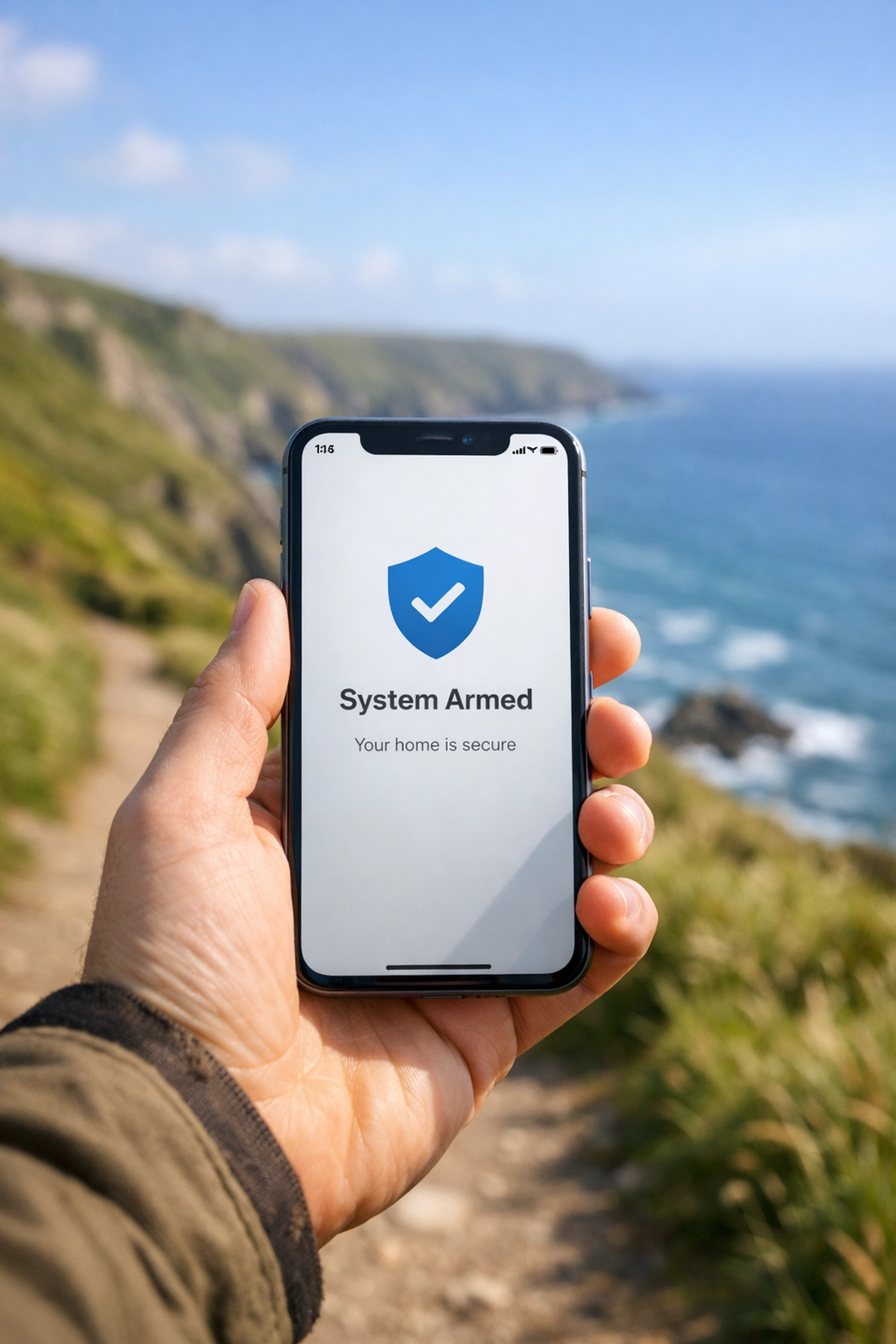 Smartphone app displaying remote monitoring for a smart intruder alarm system in Tewkesbury.
