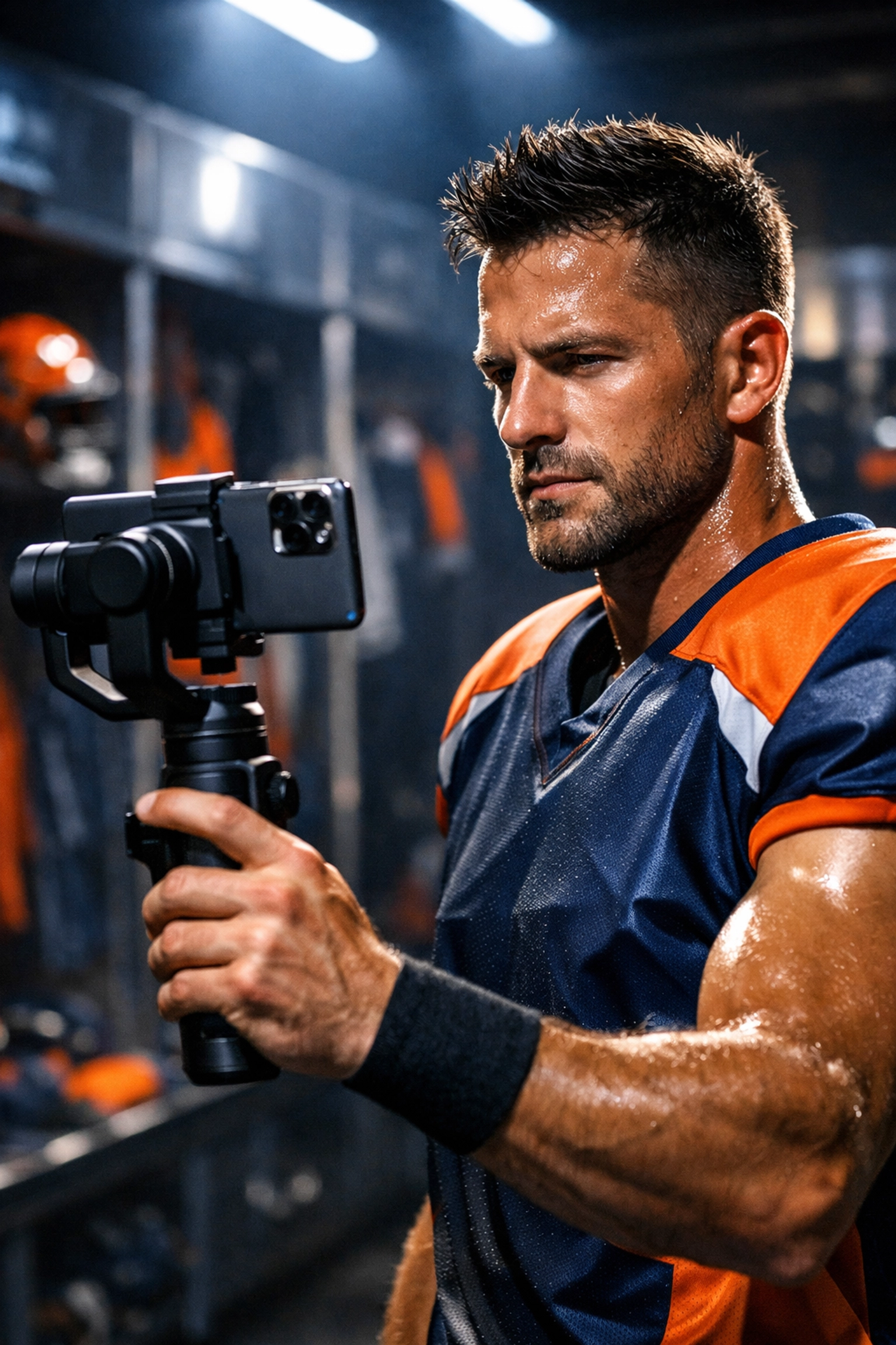 Professional athlete filming a Super Bowl brand teaser video in a modern sports locker room.