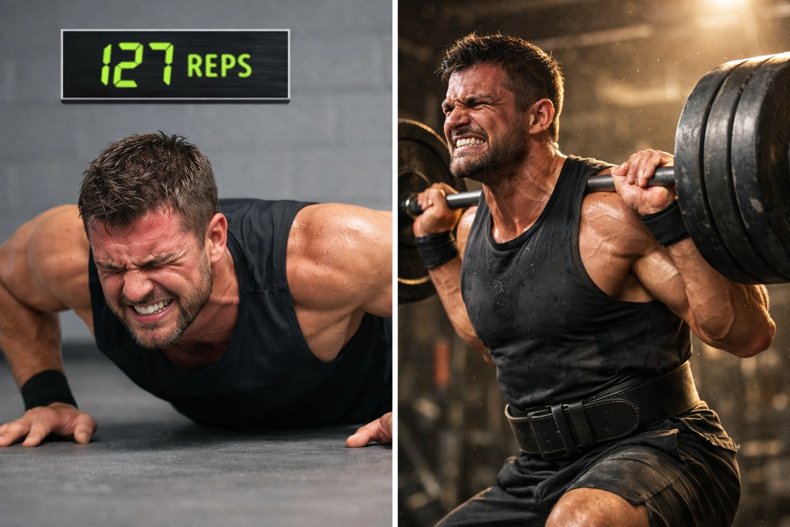 Athlete doing excessive pushup reps showing lack of progressive overload in home workouts