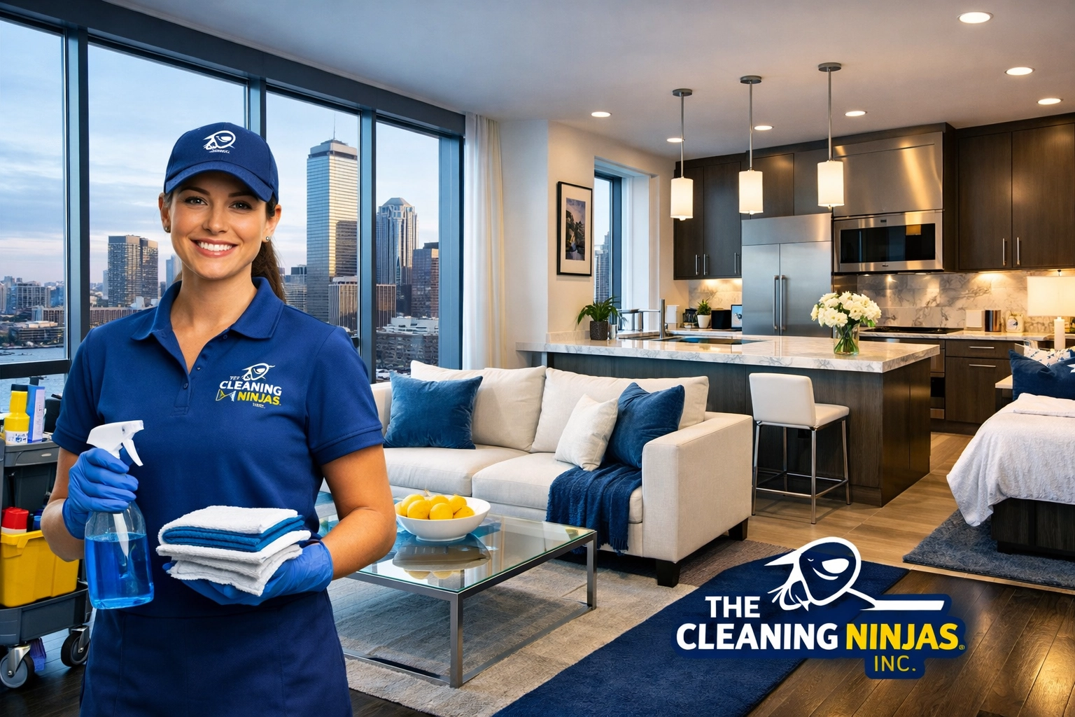 Apartment Cleaning Boston: A professional cleaning ninja finishing a spotless living room