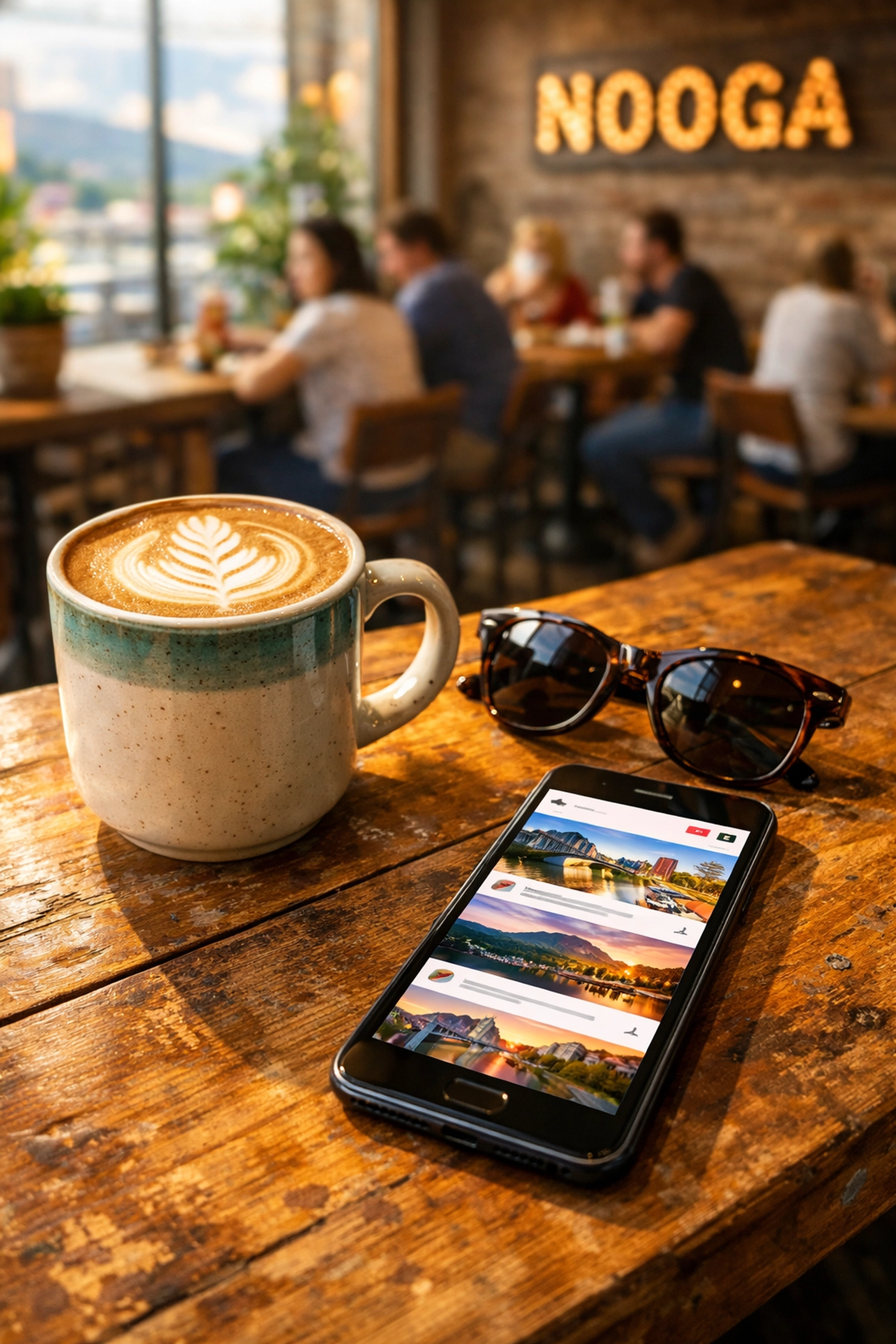 Social media marketing on a smartphone at a trendy Chattanooga cafe table with coffee.