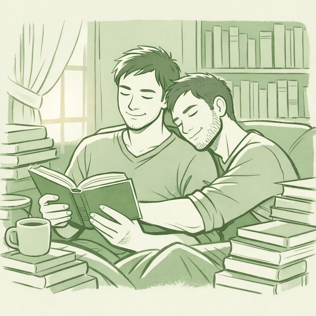 Gay couple embracing with books representing intimacy in MM contemporary romance literature