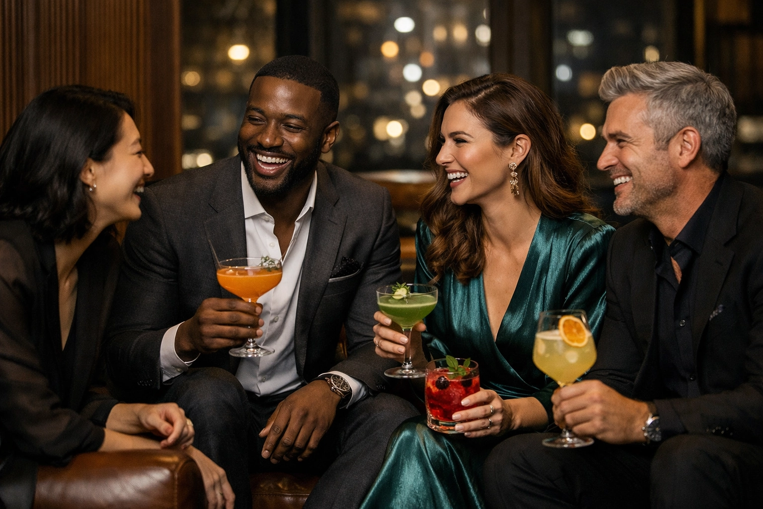 Diverse professionals enjoying premium non-alcoholic beverages in an elegant urban lounge setting.