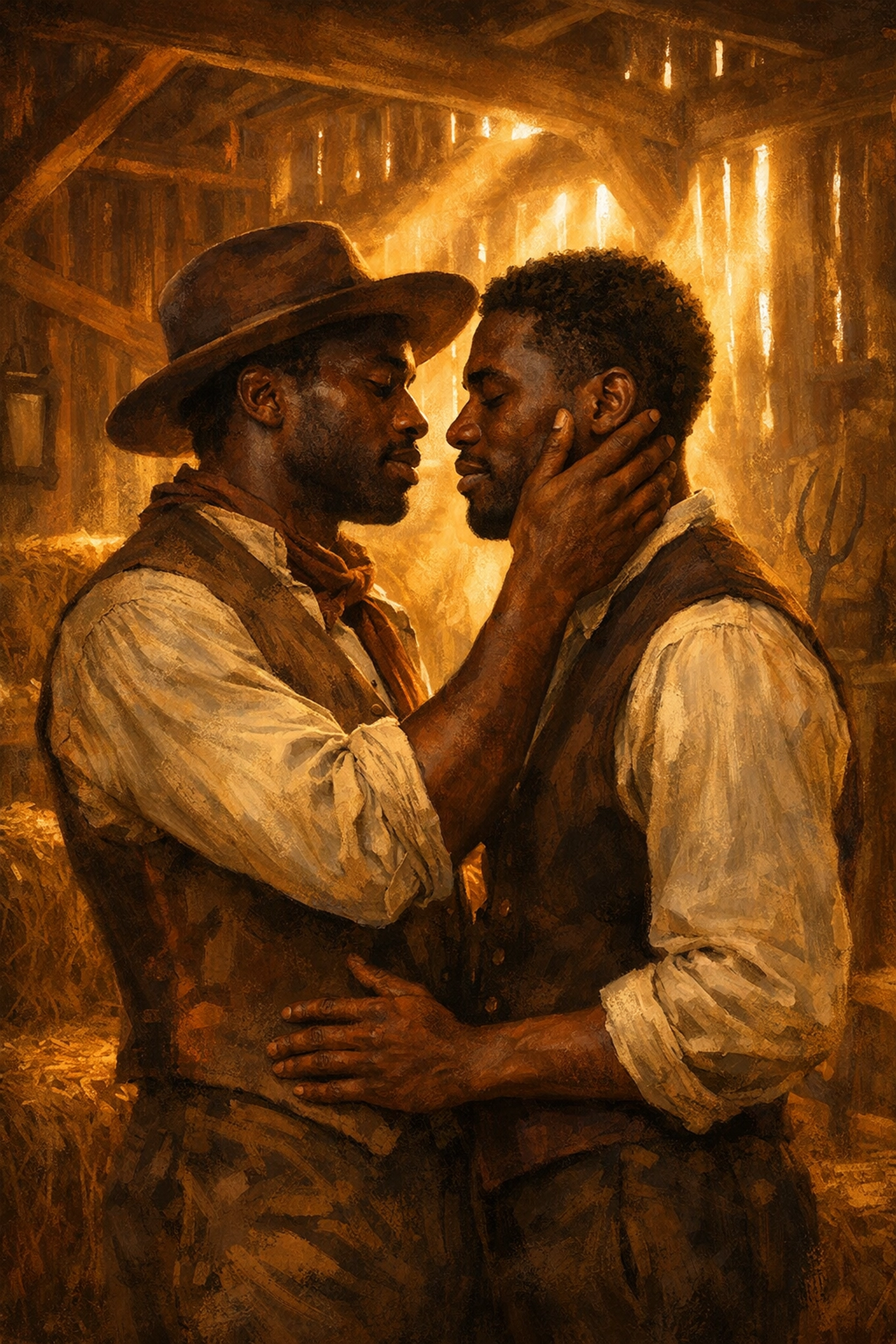 Samuel and Isaiah embracing in barn - historical MM romance The Prophets by Robert Jones Jr