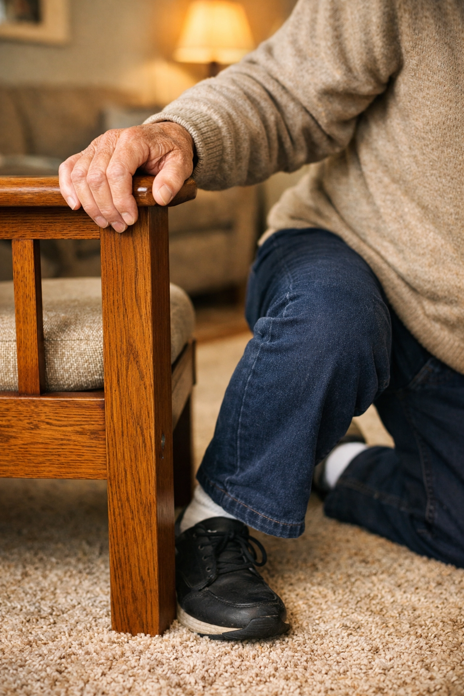 Hands gripping chair armrest in half-kneeling position demonstrating how to get up after a fall