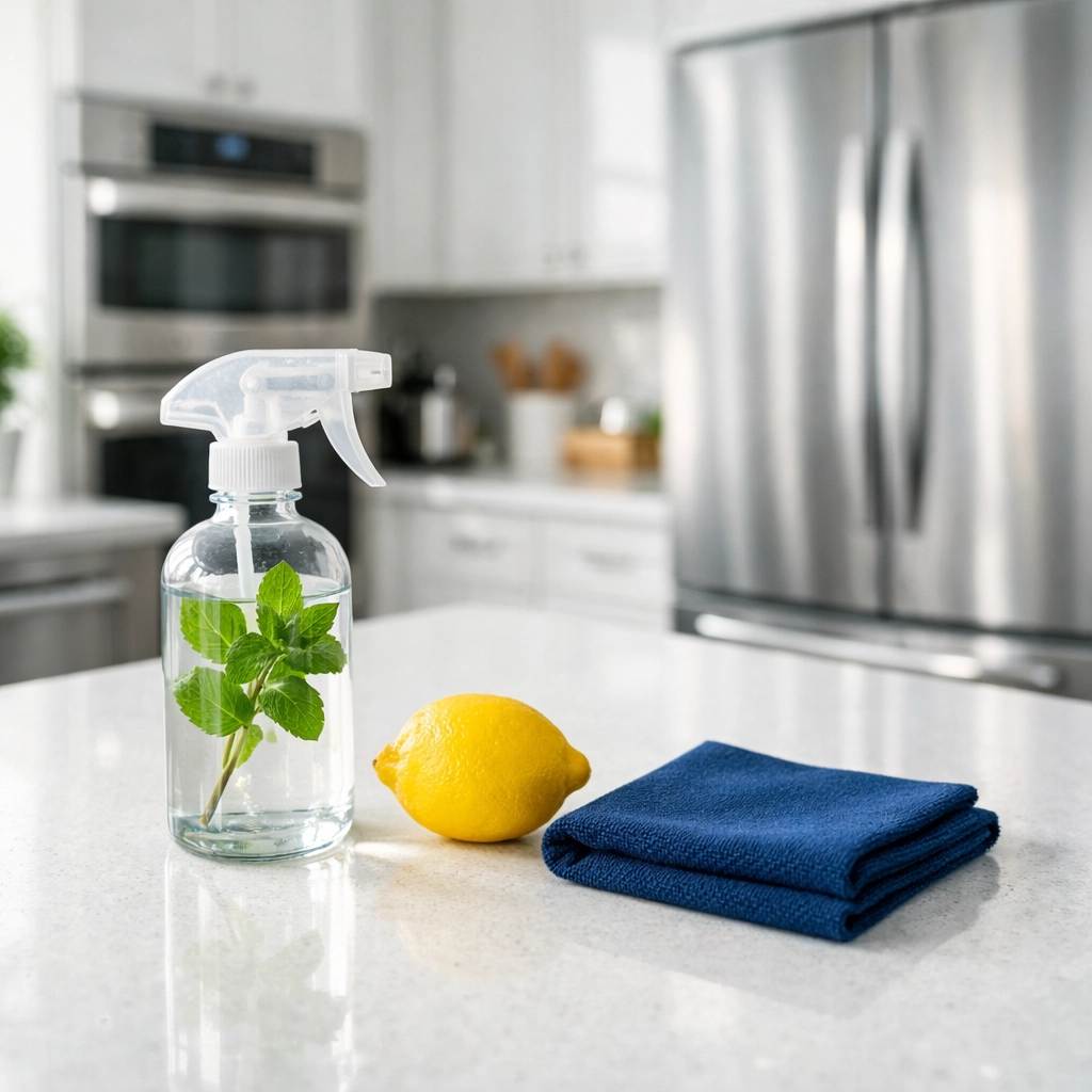 Eco-friendly kitchen cleaning in Hopkinton using green products on high-end quartz countertops and stainless steel.