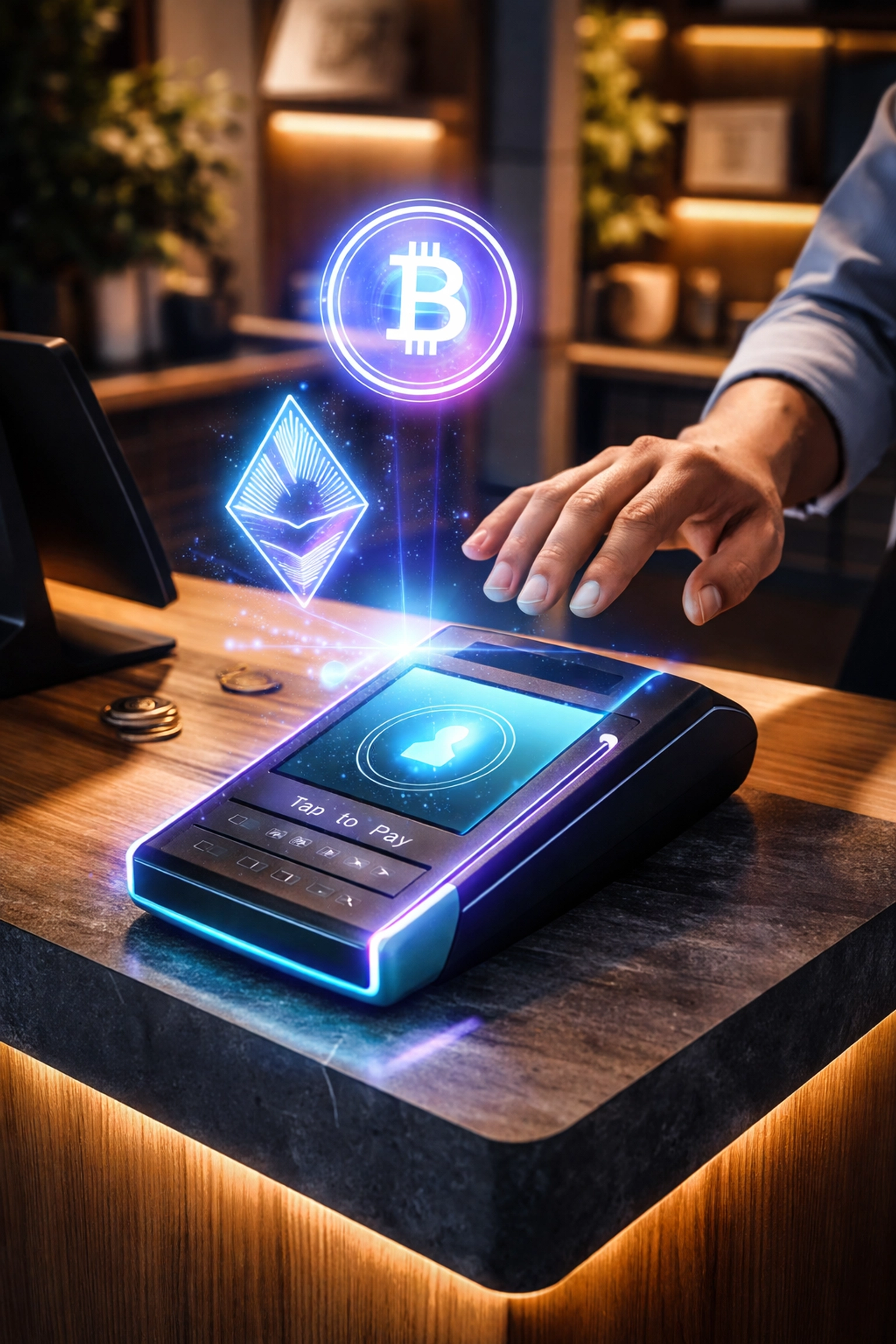 Modern small business retail counter with crypto payment terminal processing Bitcoin and Ethereum transactions