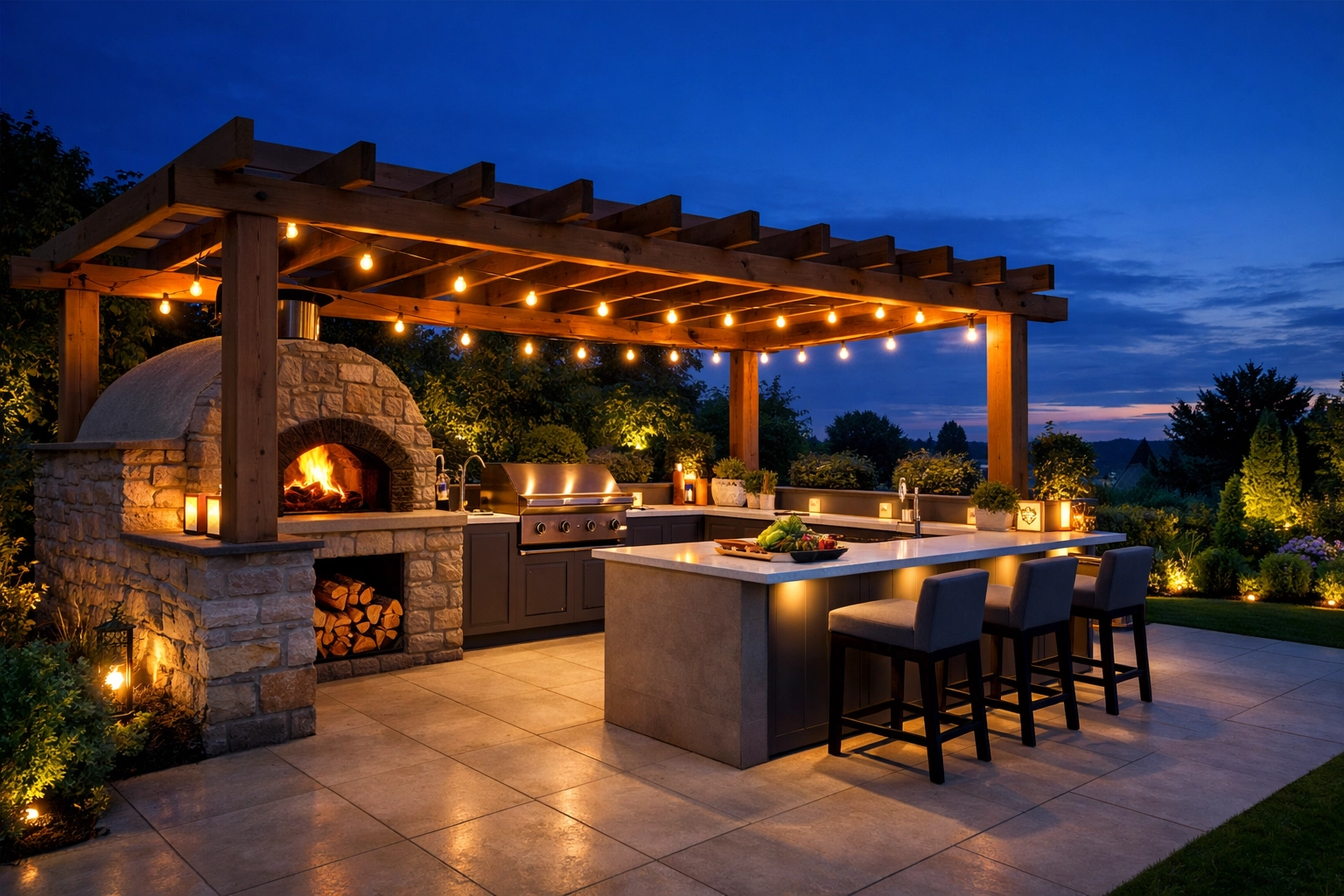 Finished luxury outdoor kitchen in Cardiff featuring a bespoke timber pergola and modern porcelain patio.