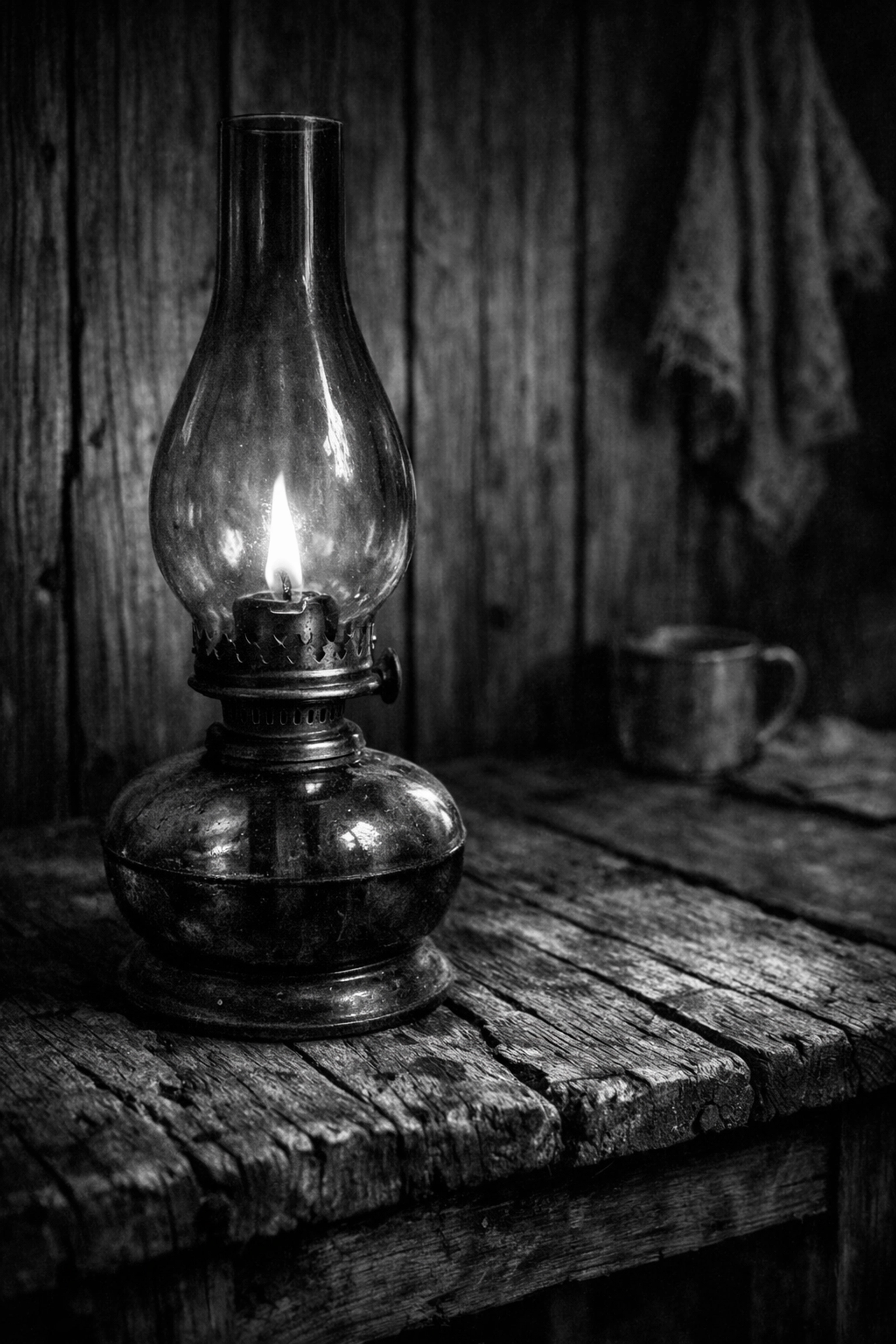 Vintage kerosene lamp inside a humble 1930s Mississippi home reflecting Elvis's early life.