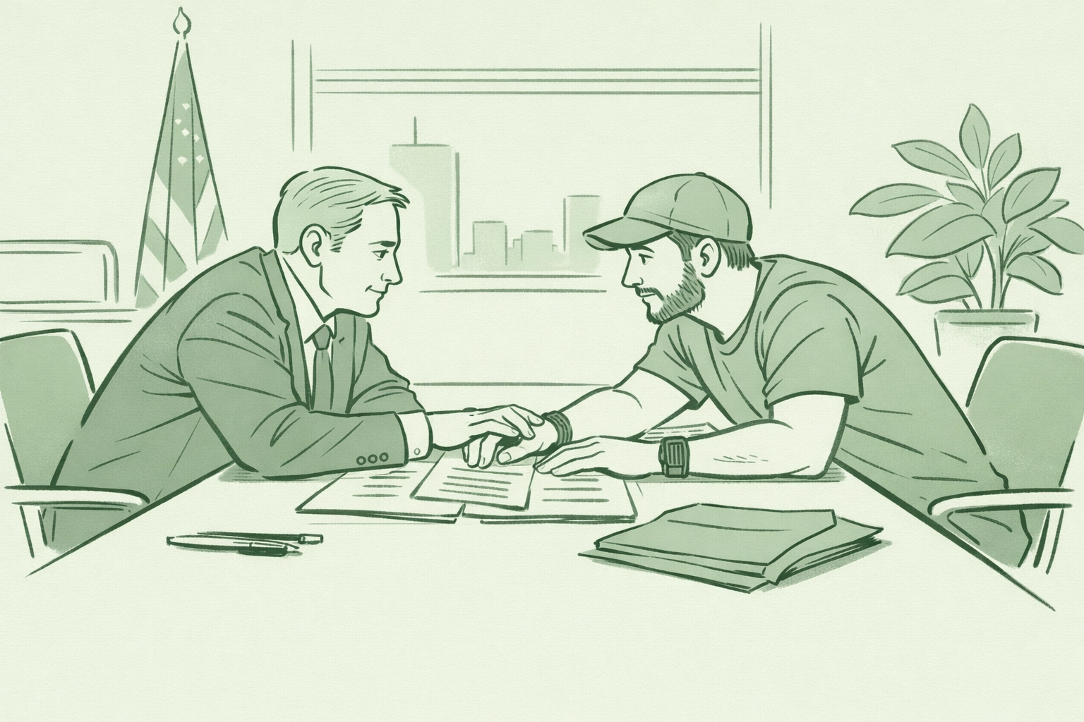 Two men reaching across negotiation table depicting emotional connection in MM political romance