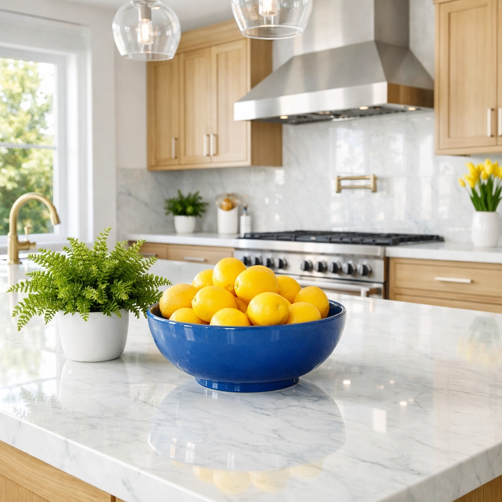 Gleaming white marble kitchen island in a Lowell home, maintained by eco-friendly green cleaning services Lowell MA.