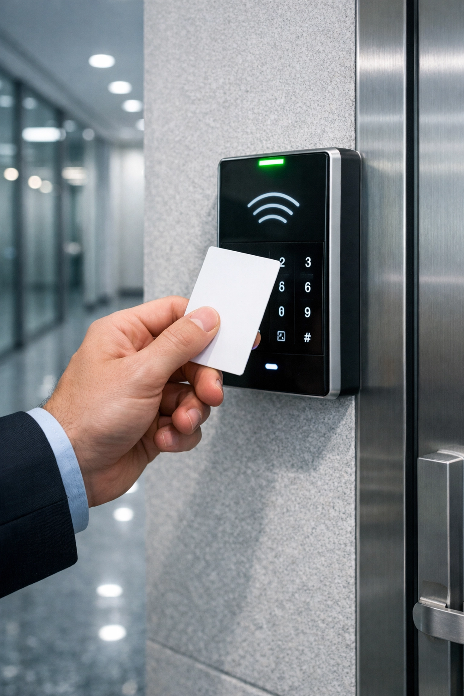 Using a modern electronic access control card reader to secure internal corporate office areas.