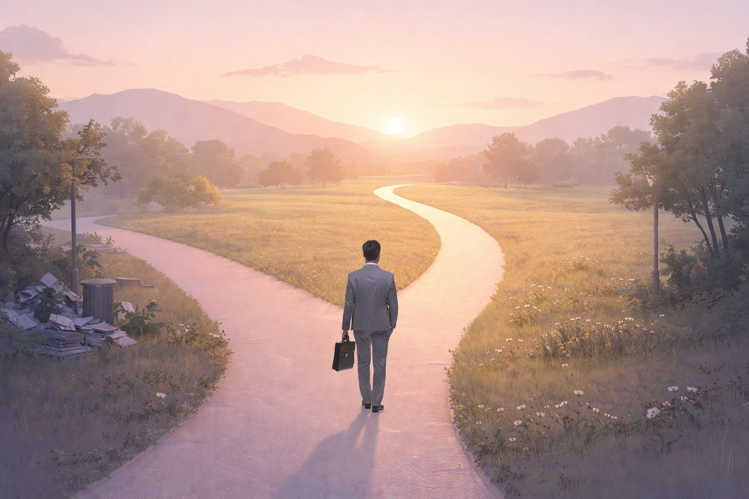 Business professional stands at a crossroads, symbolizing leaving grind culture for proactive resilience in leadership.