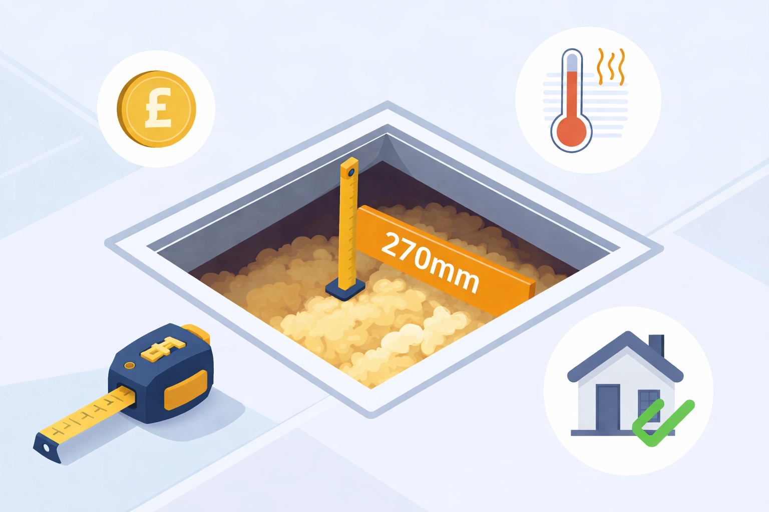 Bird's-eye view of a loft with 270mm insulation, pound coin, thermometer, and checkmark icons for energy savings