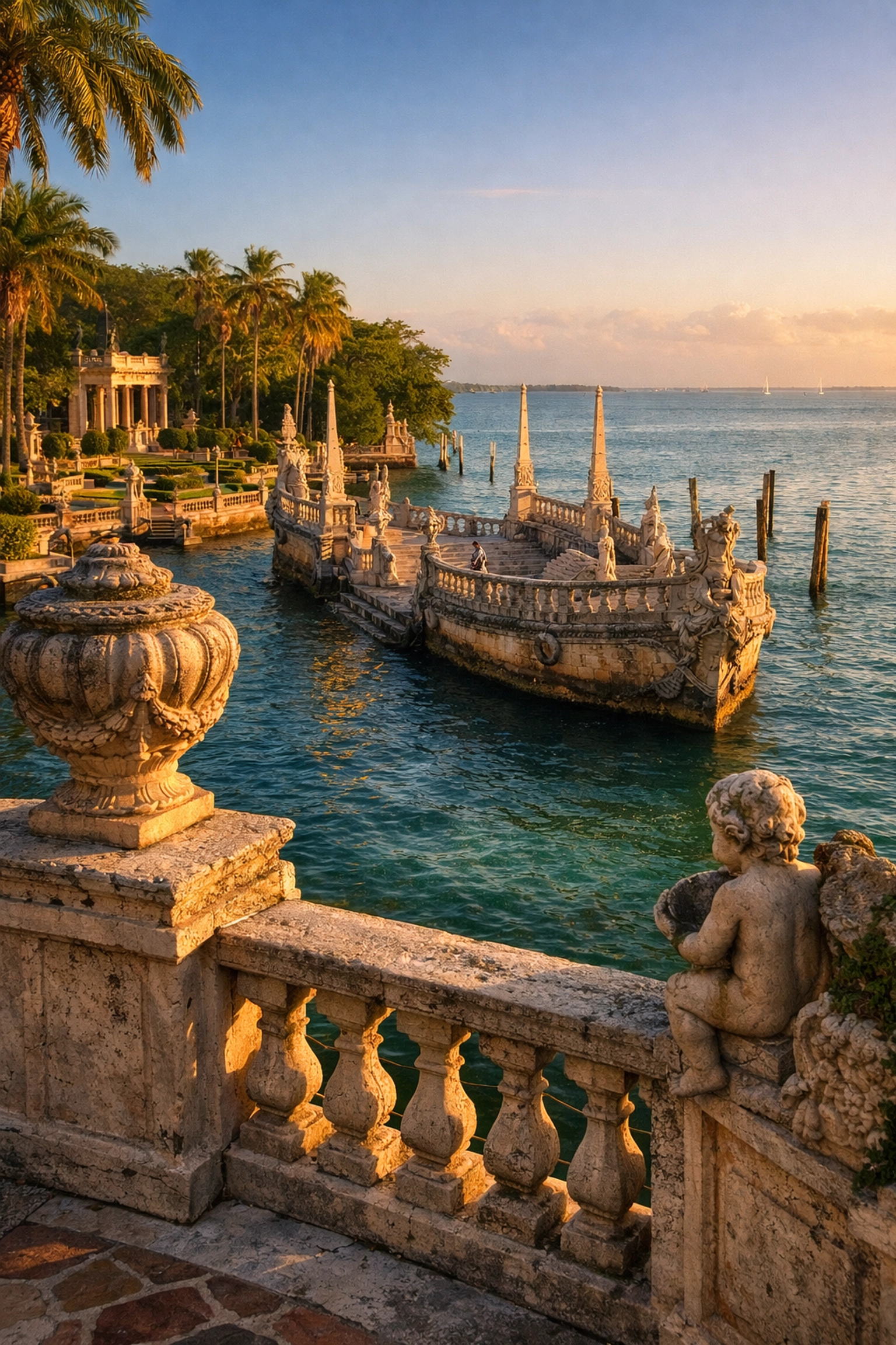 The stone barge and ornate gardens at Vizcaya Museum & Gardens, one of the best places to take pictures in Miami.