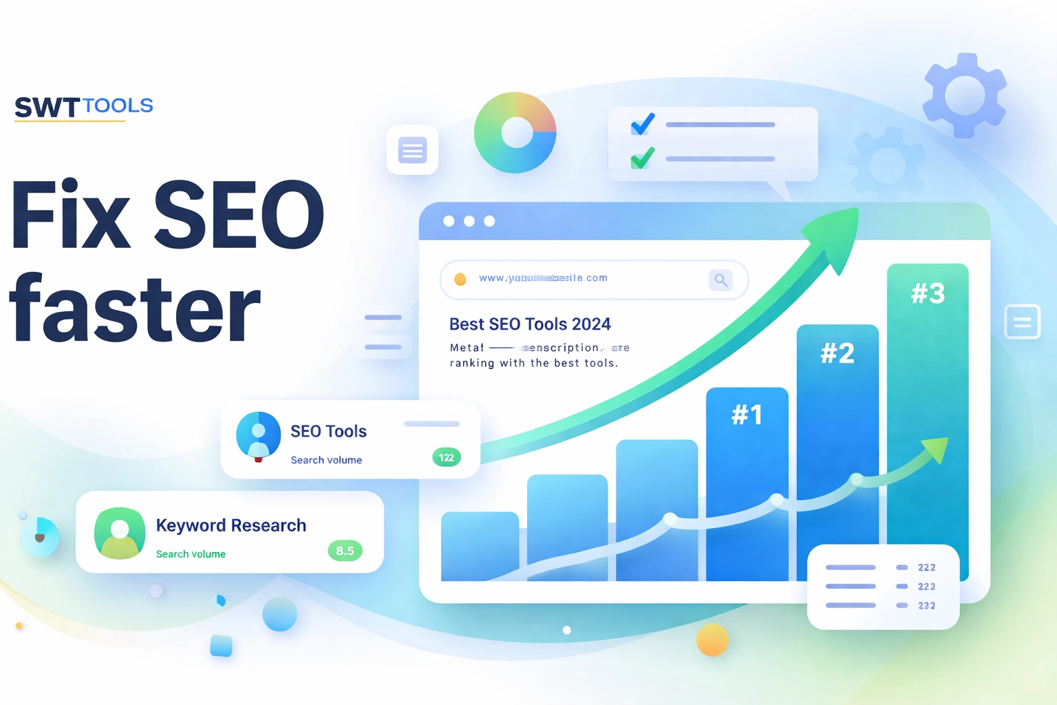 Illustration of SEO dashboards with rising rankings, keyword cards, and meta tag panels, representing SWT SEO Tools.