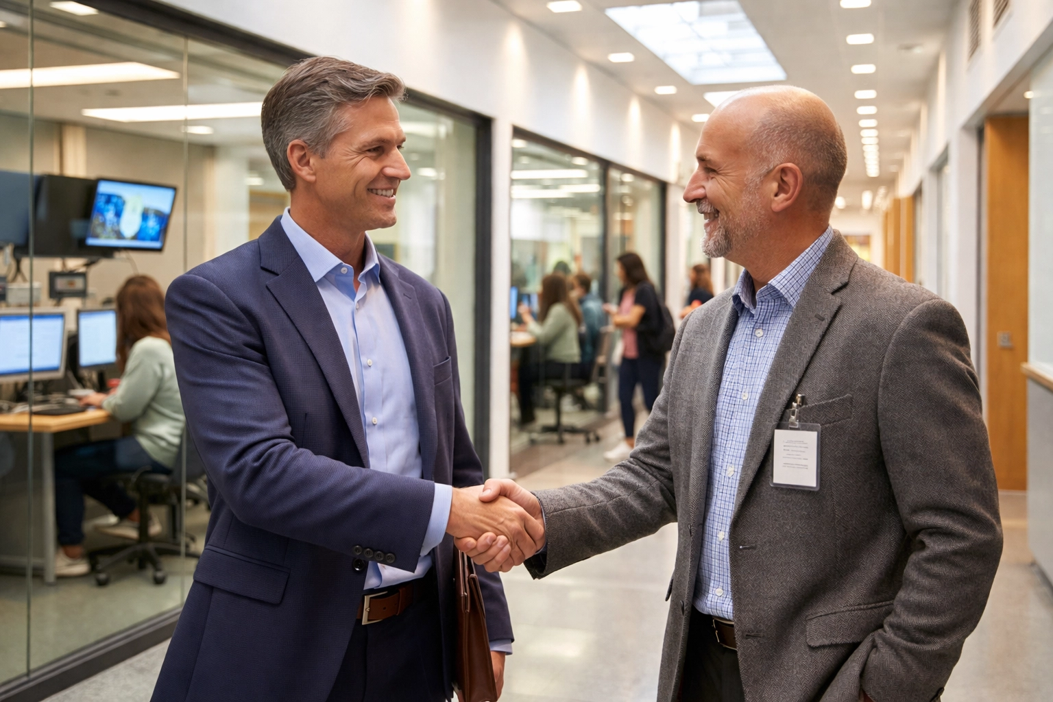 Fortune 100 executive and high school principal shake hands, symbolizing partnership in workforce development.