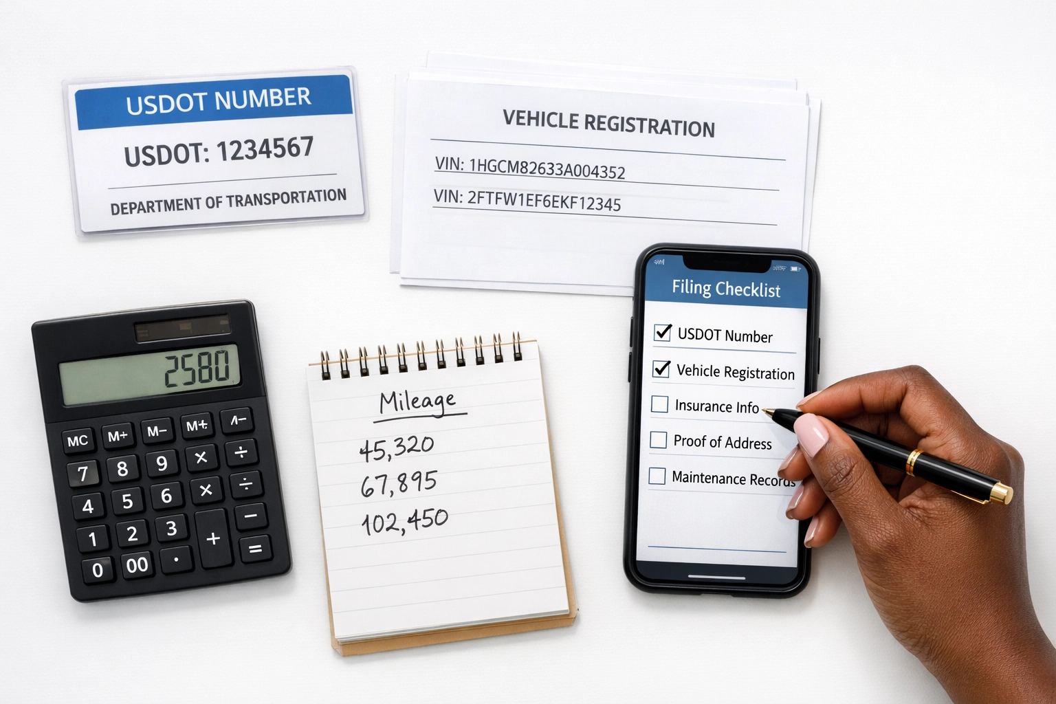 Essential documents needed for MCS-150 filing including USDOT number and vehicle registration