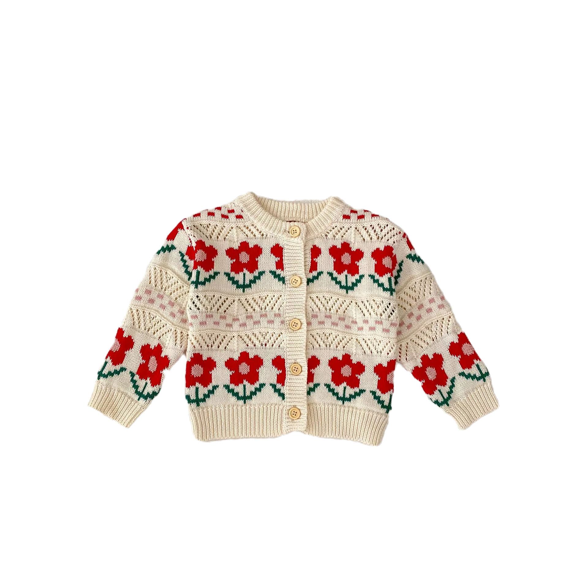 Cream sweater with red flower pattern and green stems, featuring a button-up front. The background is plain white.