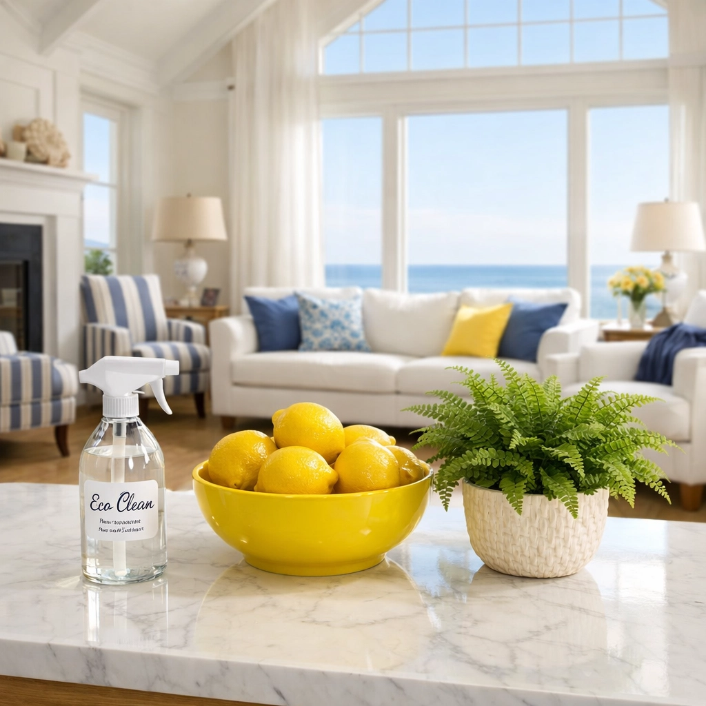 A spotless coastal living room featuring eco-friendly luxury cleaning in Marblehead with green products.
