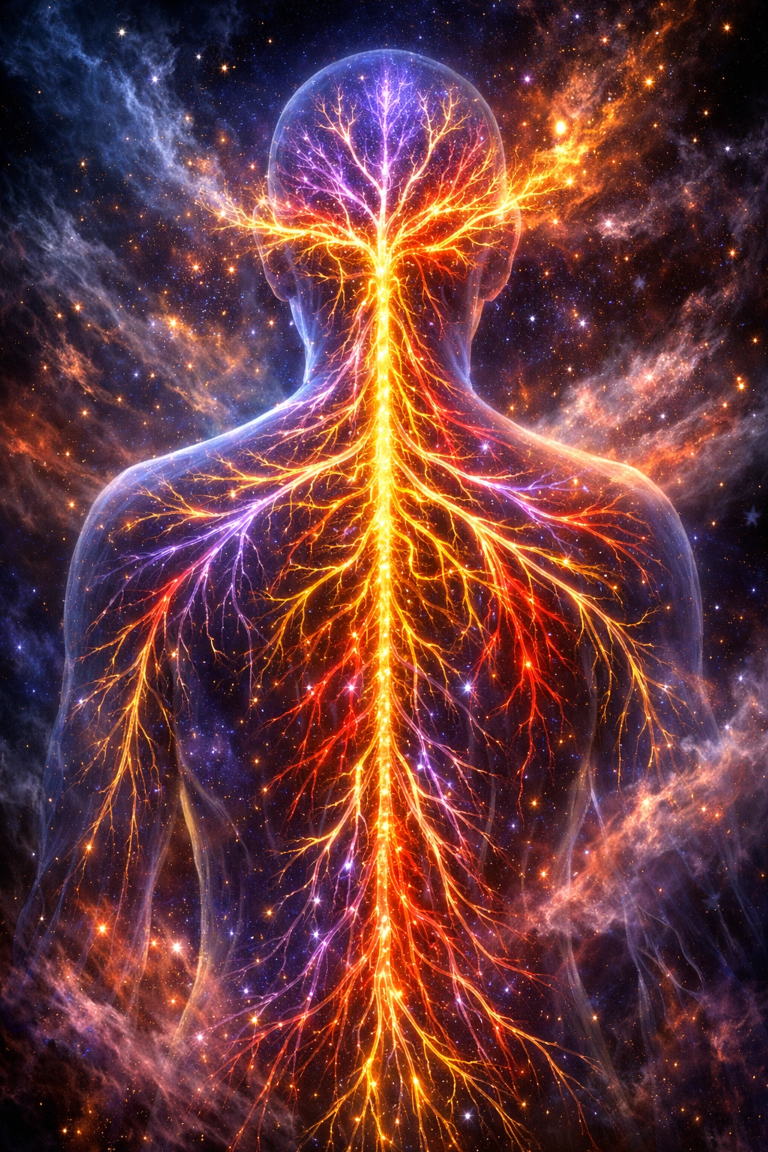 Vibrant neural pathways in a human silhouette illustrating the biology of nervous system regulation and healing.