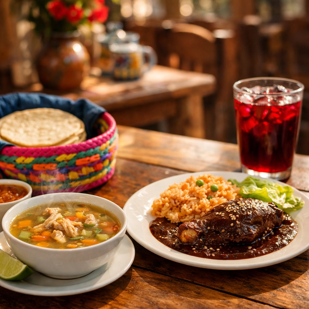 Authentic multi-course menu del día at a Mexico City fonda, perfect for affordable budget travel food.