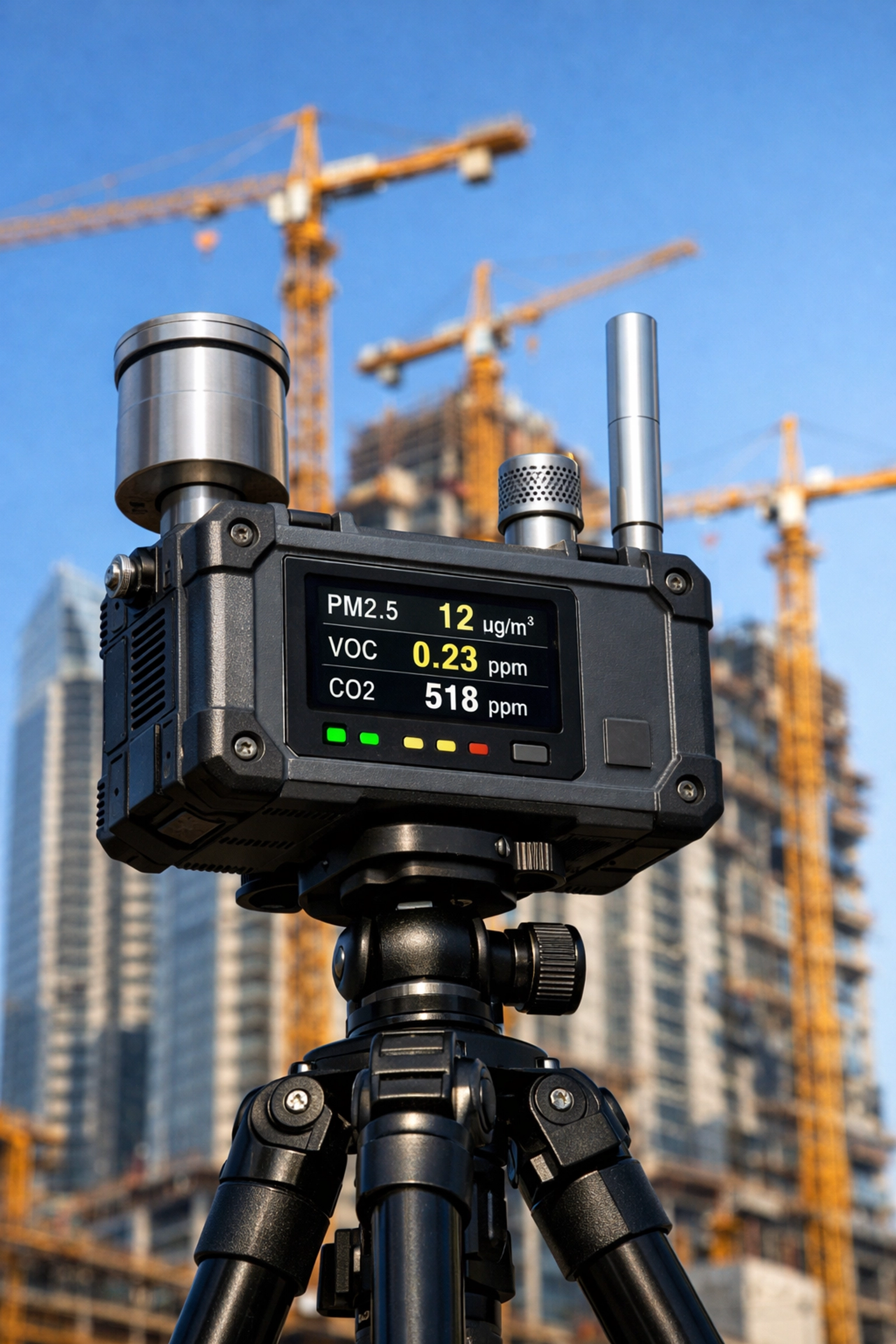 Professional air quality monitoring equipment on a tripod at an urban construction site.