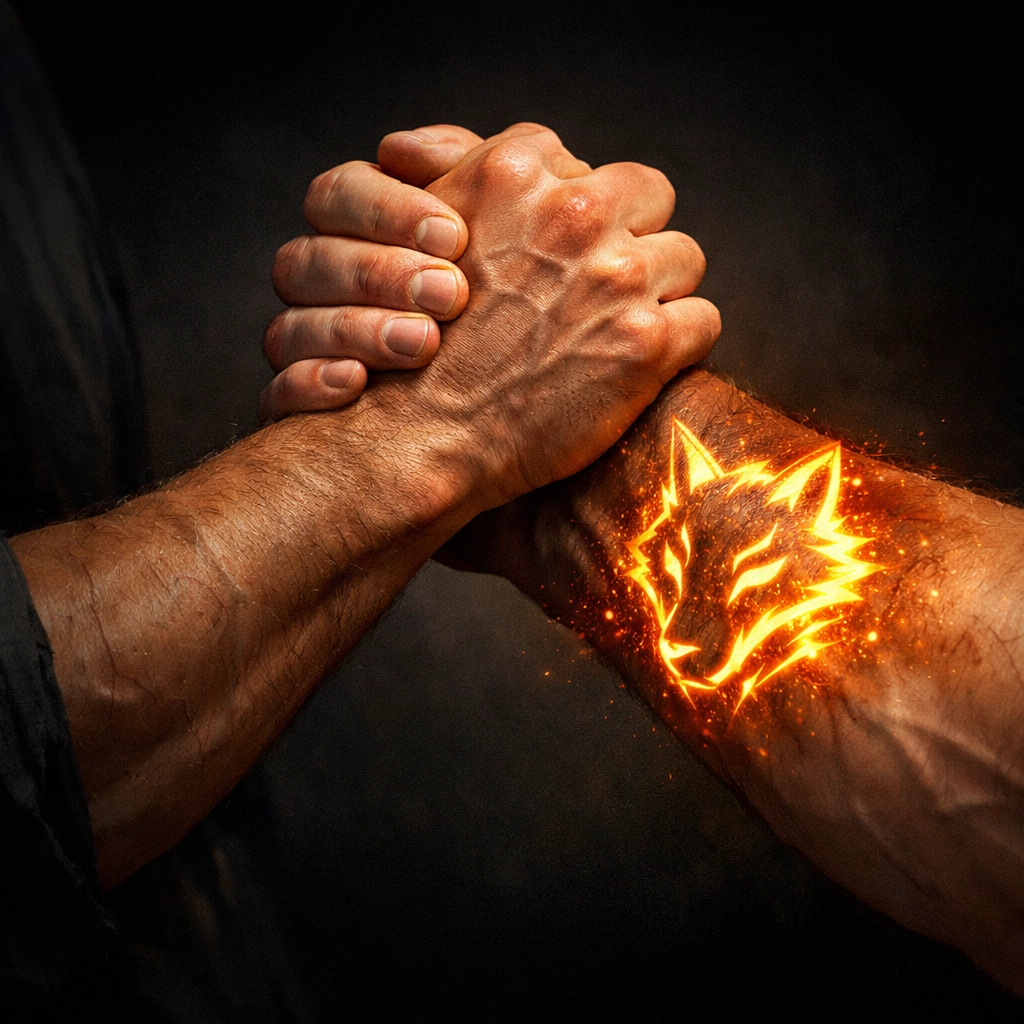 Two men's hands gripping arms to reveal a glowing supernatural mate mark in a gay shifter romance story.