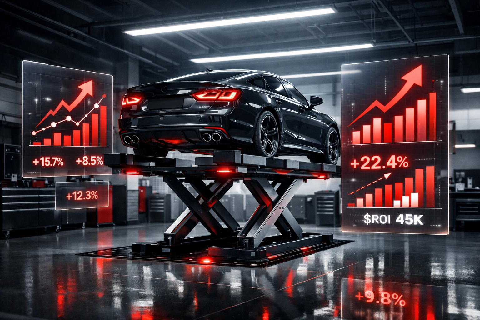Dealership service department visualization showing revenue growth and profitability from recall repairs.