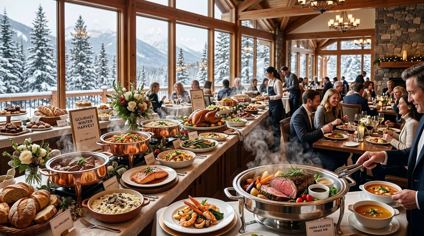 A gourmet buffet spread at a luxury winter resort with steam rising from elegant dishes and snowy pines in the background.