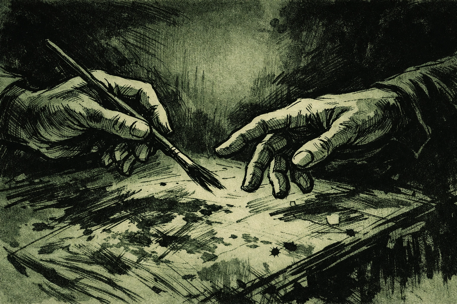 Two men's hands nearly touching over canvas in MM romance thriller moment of connection