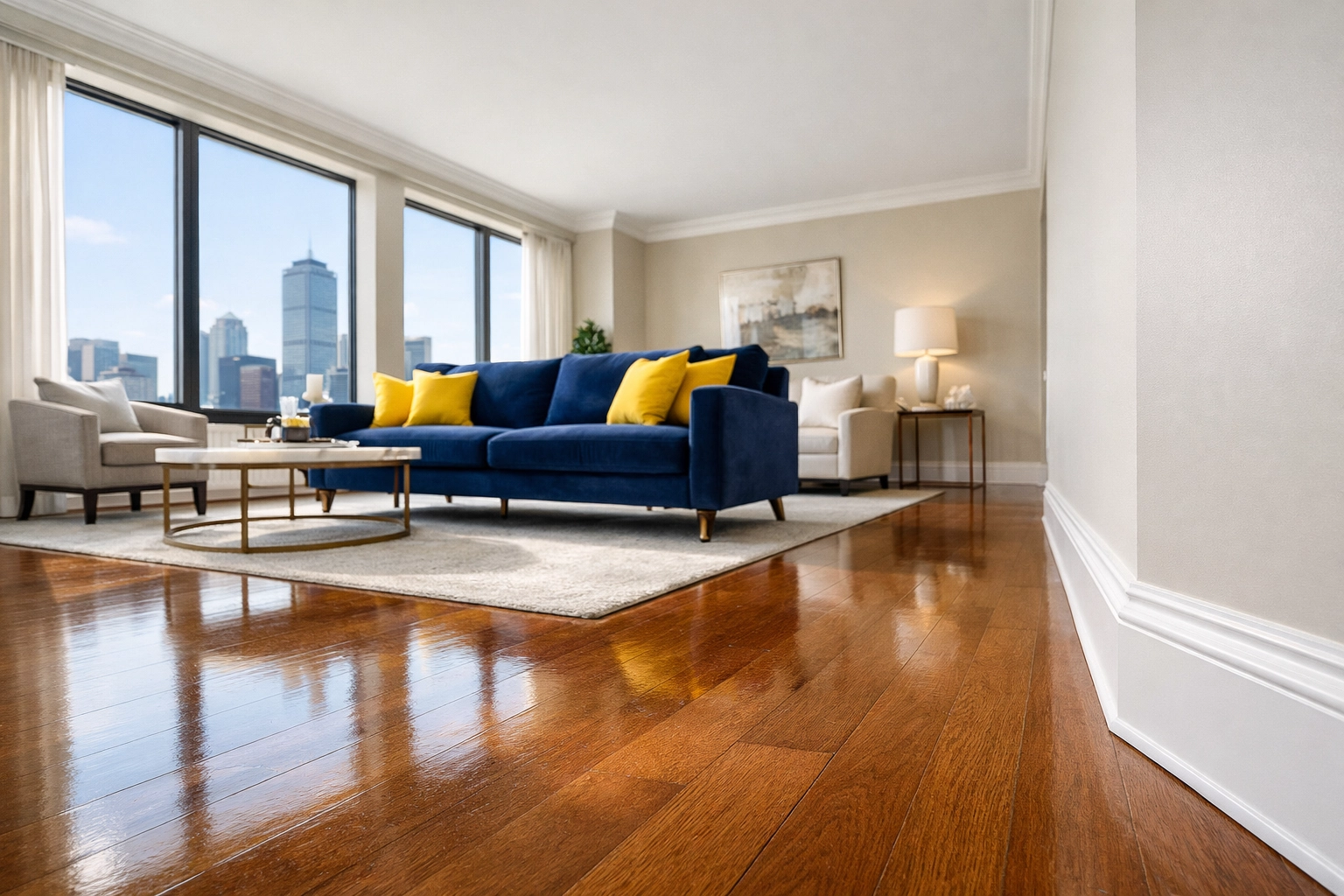Spotless Boston living room with clean hardwood floors and baseboards after a ninja-level move-in clean.