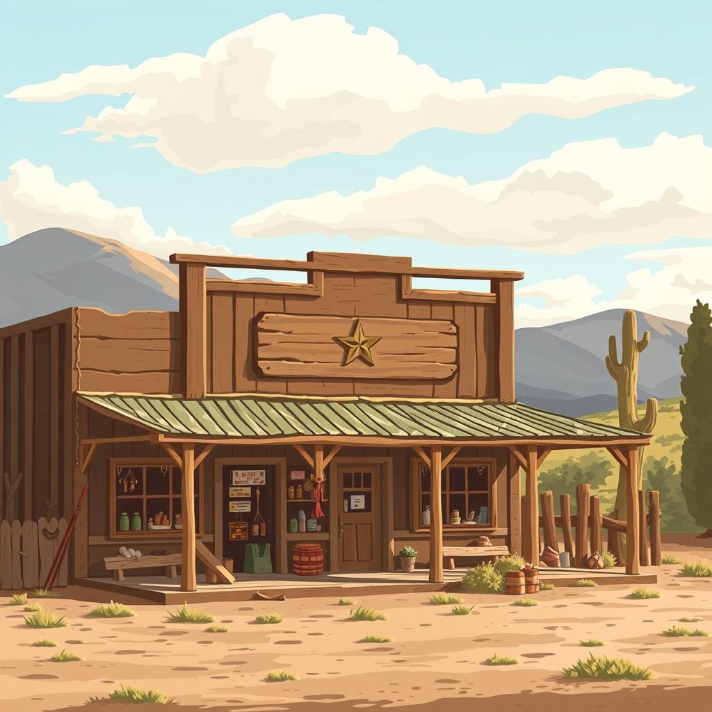 Classic Western Storefront Classic Western storefront with wooden facade and star emblem, surrounded by desert landscape, mountains, and a cactus. Displayed outside are vintage barrels, saddles, and Western gear, evoking authentic Old West style fitting for a specialty firearms and cowboy-action supply store.