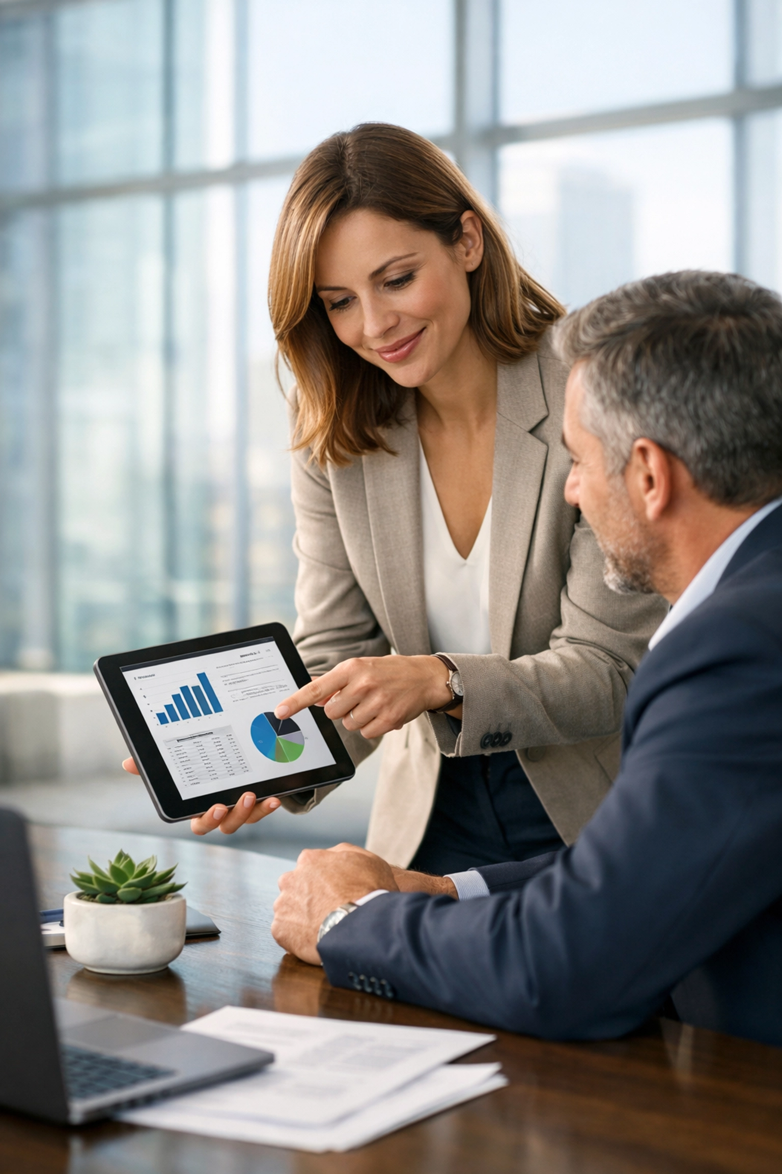 Professionals reviewing tax compliance data during a startup due diligence meeting in a modern office.