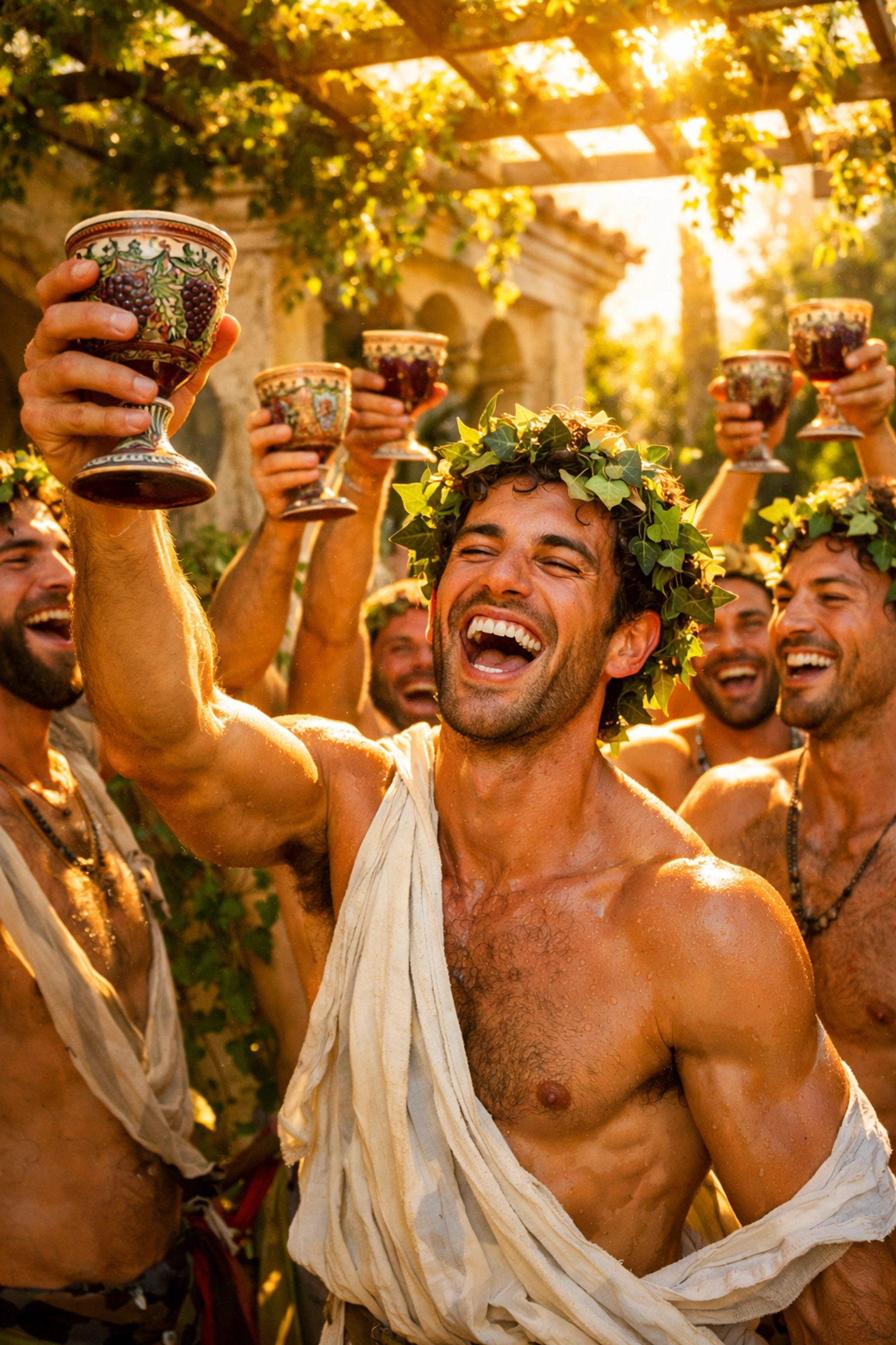 Joyful gay men celebrating an ancient spring festival with wine and ivy wreaths in a courtyard.