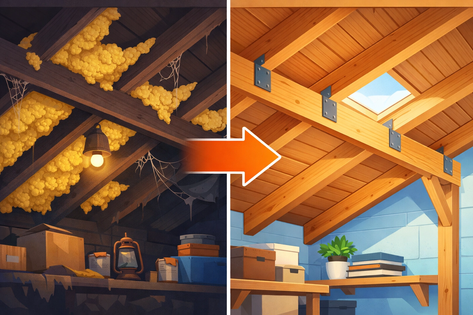 Restoration comparison between spray foam insulation and clean, healthy loft timbers.