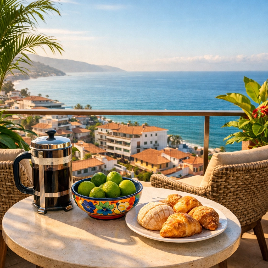 Ocean view balcony in Zona Romantica Puerto Vallarta rental with breakfast table and chairs