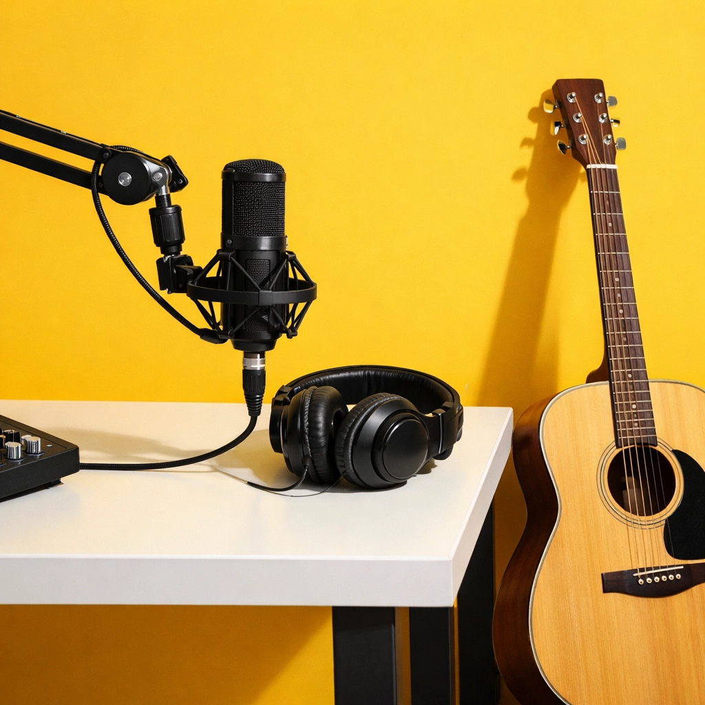 Acoustic guitar and studio microphone highlighting folk music radio broadcasting in Kent.