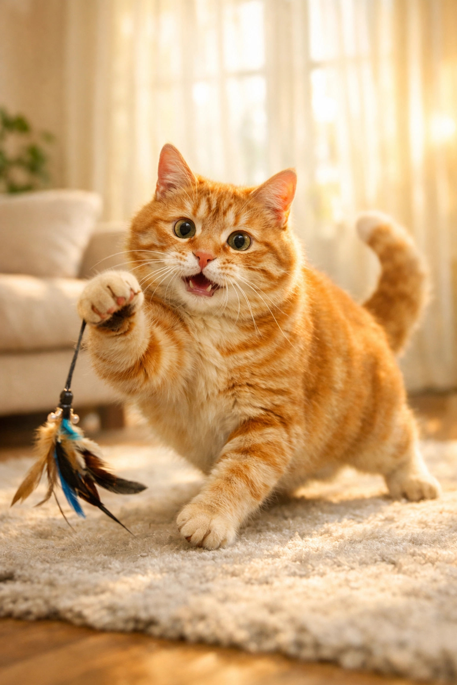 Is Your Pet's Weight Cutting Their Life Short? Simple Steps to Help Your Dog or Cat Reach a Healthy Goal Orange tabby cat exercising playfully with a feather wand toy for weight management
