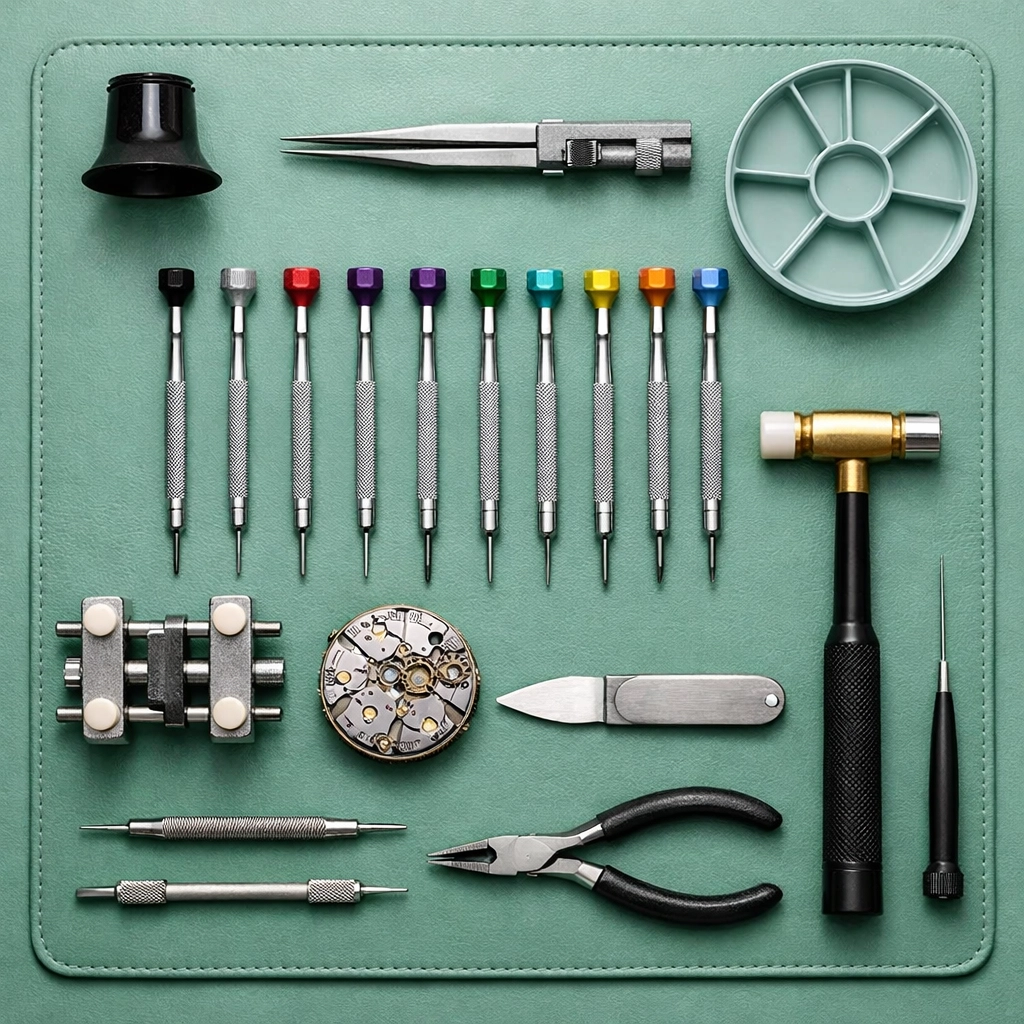 Expert watchmaking tools arranged for the professional appraisal and service of luxury watches.