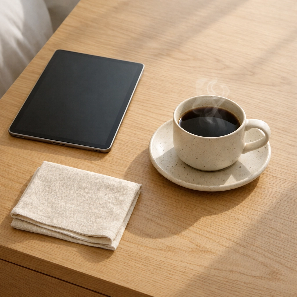 A digital tablet on a hotel bedside table illustrating a frictionless guest booking experience.