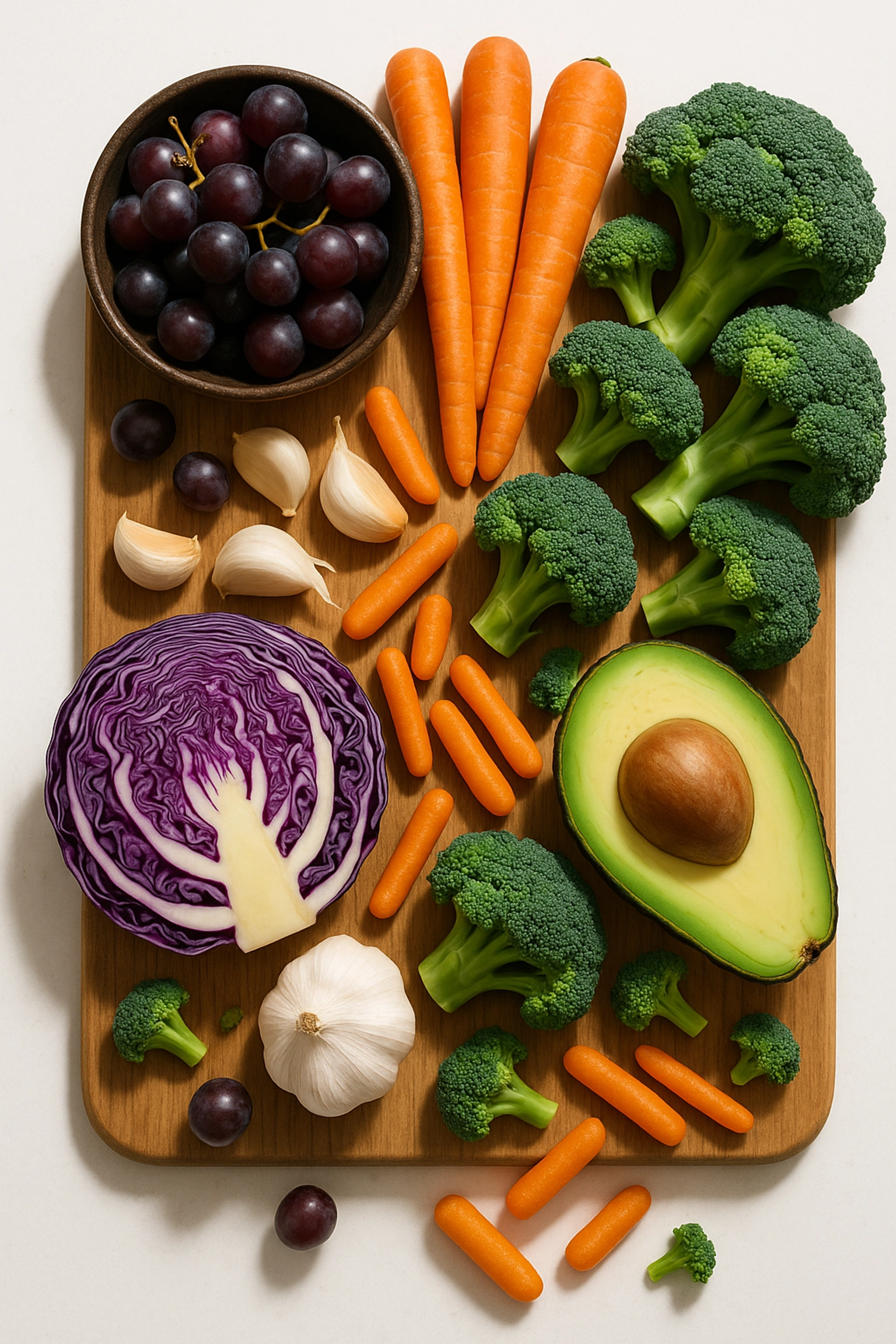 Colorful array of liver-healing foods arranged beautifully